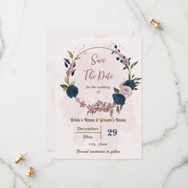 pink &navy blue flowers botanical wedding save the date (Front/Back In Situ)