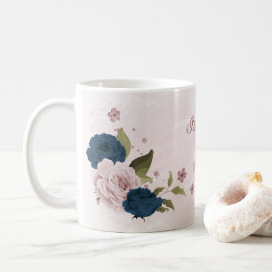 pink navy blue flowers coffee mug
