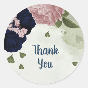 pink & navy blue flowers greenery  classic round sticker