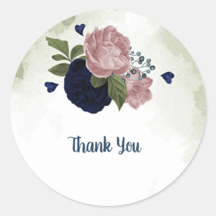 pink & navy blue flowers greenery classic round sticker