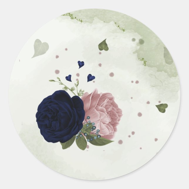 pink & navy blue flowers greenery classic round sticker (Front)