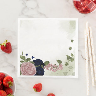 pink & navy blue flowers greenery napkin