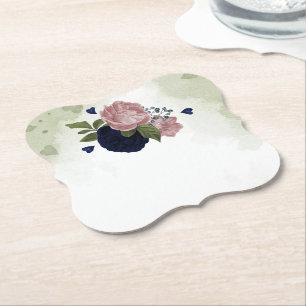 pink & navy blue flowers greenery paper coaster