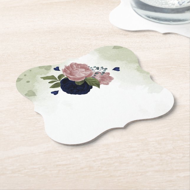 pink & navy blue flowers greenery paper coaster (Angled)