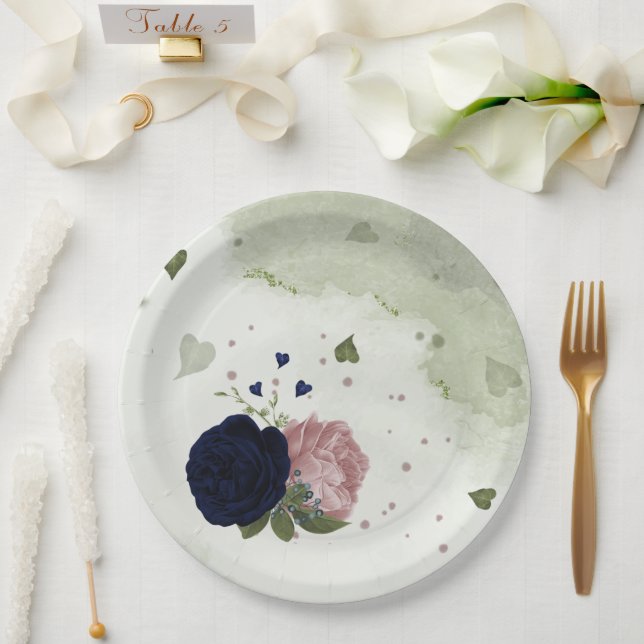 pink & navy blue flowers greenery paper plate (Wedding)