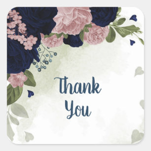 pink & navy blue flowers greenery square sticker
