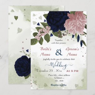 pink navy blue flowers greenery wedding invitation