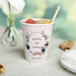 pink navy blue flowers  paper cups