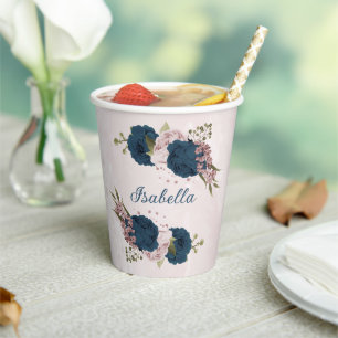 pink navy blue flowers  paper cups