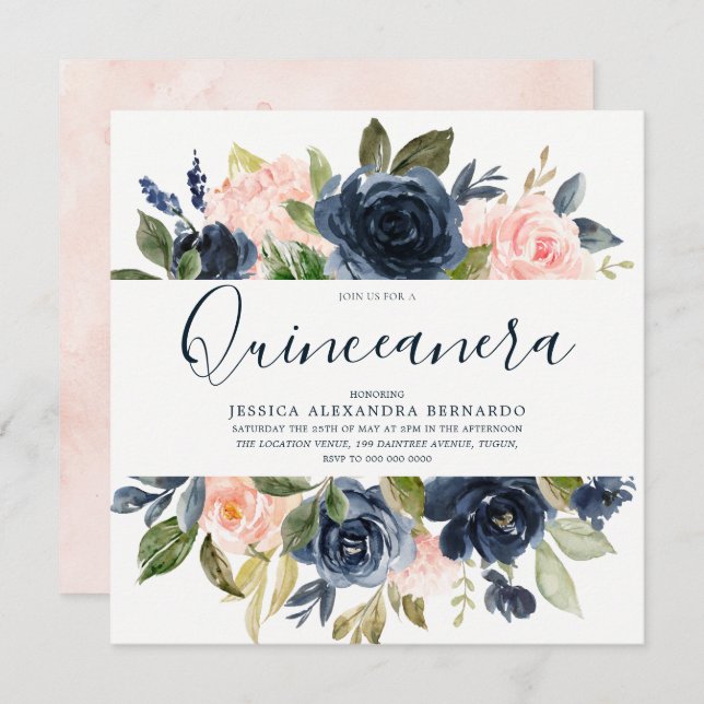 Pink & Navy Blue Flowers Quinceanera Invitation (Front/Back)