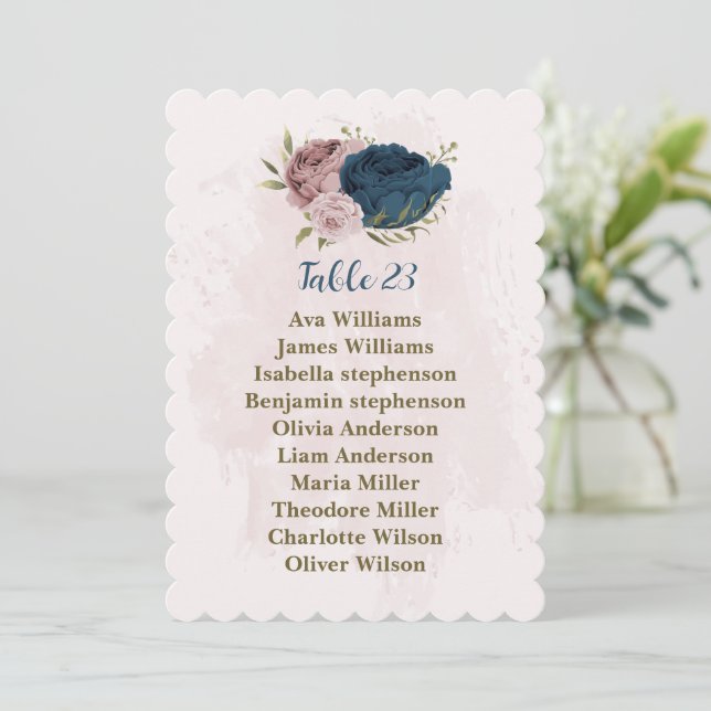 pink navy blue flowers seating chart card (Standing Front)