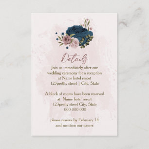 pink navy blue flowers wedding details enclosure card