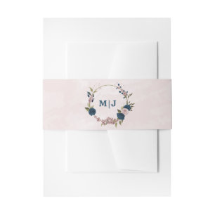 pink navy blue flowers wedding invitation belly band