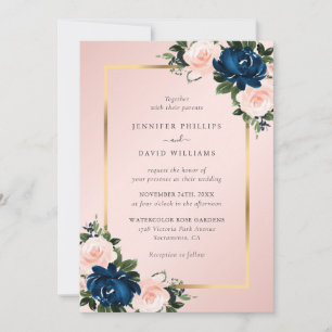 Pink Navy Blue Gold Watercolor Floral Wedding Invitation