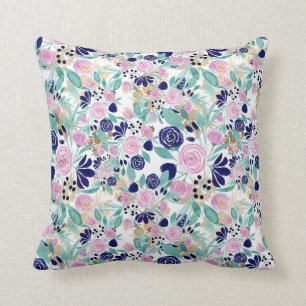Pink Navy Blue Gold Watercolor Flowers Pattern Cushion