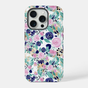 Pink Navy Blue Gold Watercolor Flowers Pattern iPhone 15 Pro Case