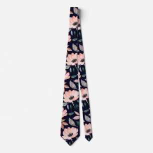 Pink Navy Blue Greenery Watercolor Floral Pattern Tie