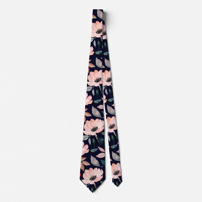Pink Navy Blue Greenery Watercolor Floral Pattern Tie (Front)