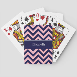 Pink, Navy Blue LG Chevron Navy Name Monogram Playing Cards