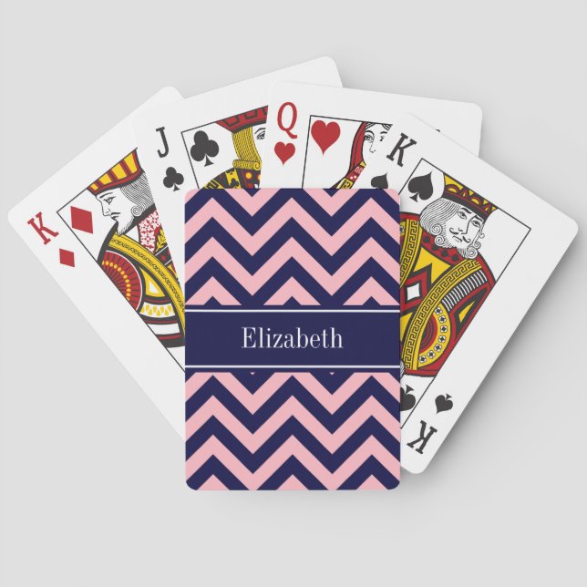 Pink, Navy Blue LG Chevron Navy Name Monogram Playing Cards (Back)
