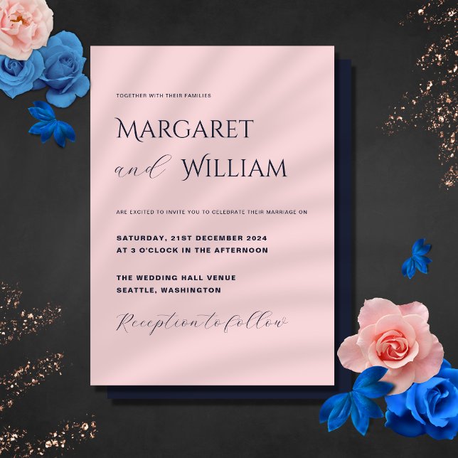 Pink & Navy Blue Modern Minimalist Elegant Wedding Invitation (Creator Uploaded)