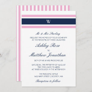 Pink & Navy Blue Monogram Wedding Invitation