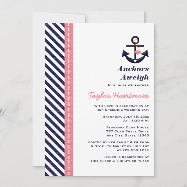 Pink Navy Blue Nautical Bridal Shower Invitations (Front)