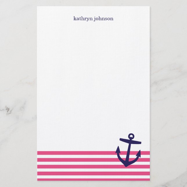 Pink & Navy Blue Nautical Stripes & Cute Anchor Stationery (Front)