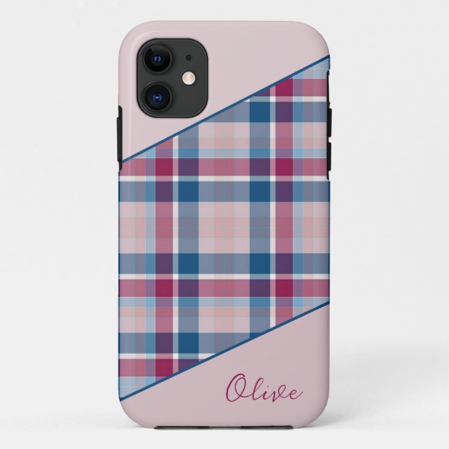  Pink-navy blue plaid iPhone Case (Back)