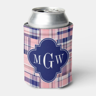 Pink, Navy Blue Preppy Patchwork Madras Monogram Can Cooler