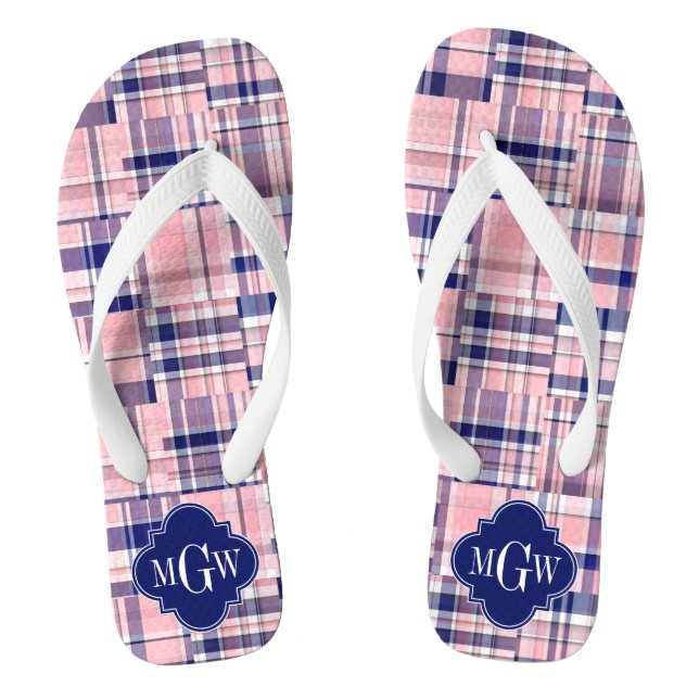 Pink, Navy Blue Preppy Patchwork Madras Monogram Jandals (Footbed)