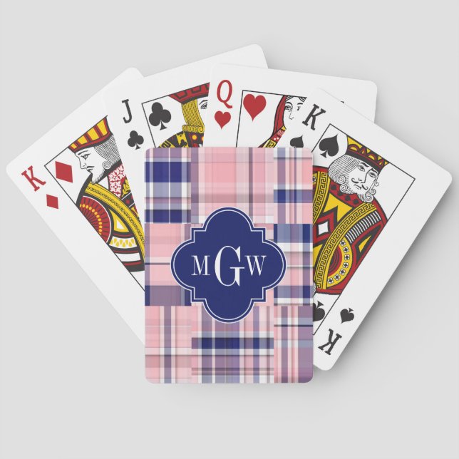 Pink, Navy Blue Preppy Patchwork Madras Monogram Playing Cards (Back)