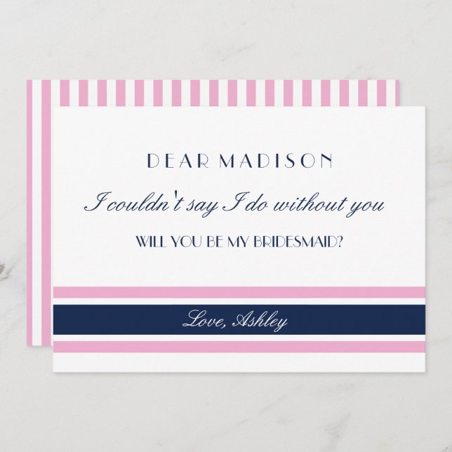 Pink & Navy Blue Stripes Will You Be My Bridesmaid Invitation (Front/Back)