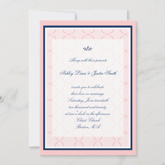Pink, Navy Blue Traditional Wedding Invitation (Front)