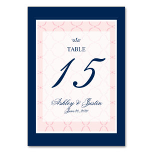Pink, Navy Blue Traditional Wedding Table Number