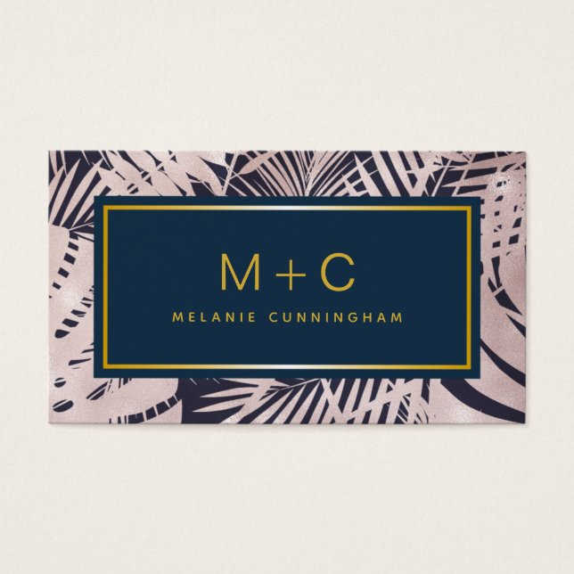 Pink Navy Blue Tropical Monogram Business Cards (Front)