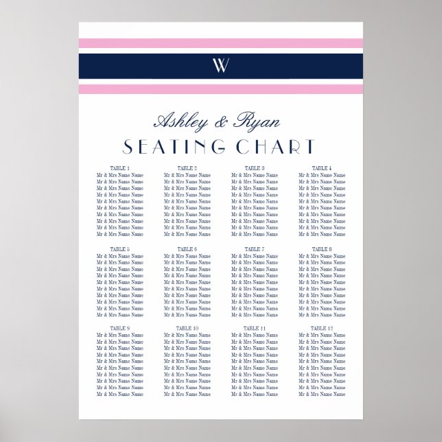 Pink & Navy Blue Twelve Table Seating Chart (Front)