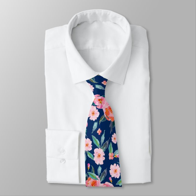 Pink Navy Blue Watercolor Rose Pattern Wedding Tie (Tied)