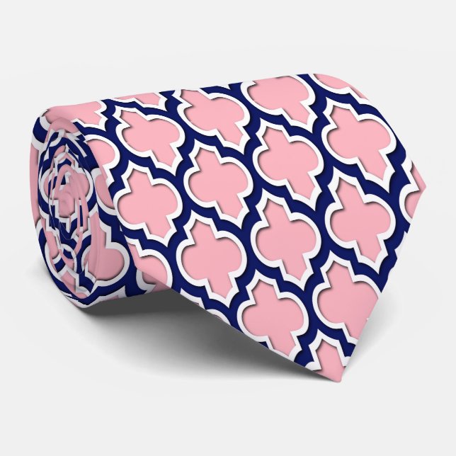 Pink, Navy Blue White Moroccan Quatrefoil #4DS Tie (Rolled)