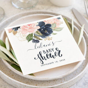 Pink Navy Botanical Floral Watercolor Baby Shower Napkin