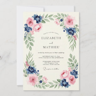Pink Navy Botanical Romance Wedding Invitation