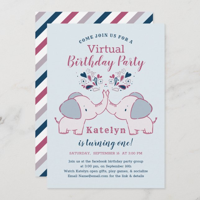 Pink & Navy Cute Elephant Virtual Birthday Party Invitation (Front/Back)