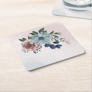 pink navy dusty blue floral greenery  square paper coaster