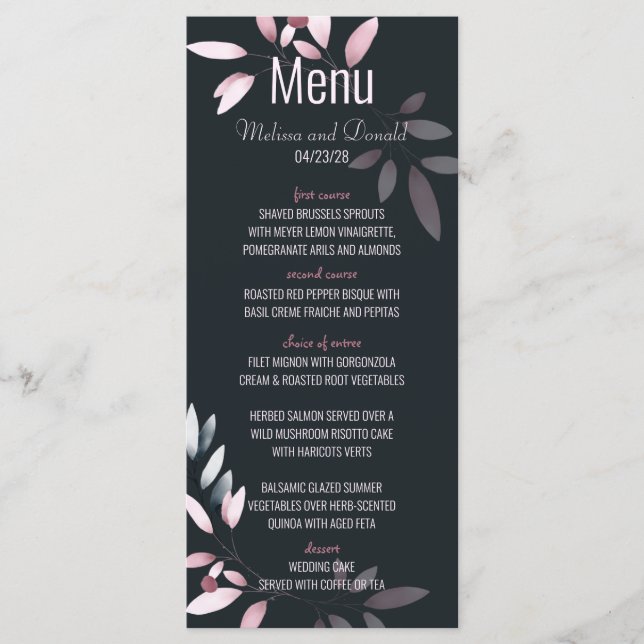 Pink Navy Elegant Watercolor Floral Wedding Menu (Front)