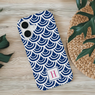 Pink & Navy Fishscale Pattern Monogram iPhone 16 Case
