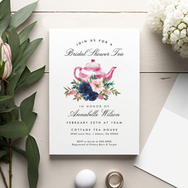 Pink Navy Floral Bridal Shower Tea Invitation (Creator Uploaded)