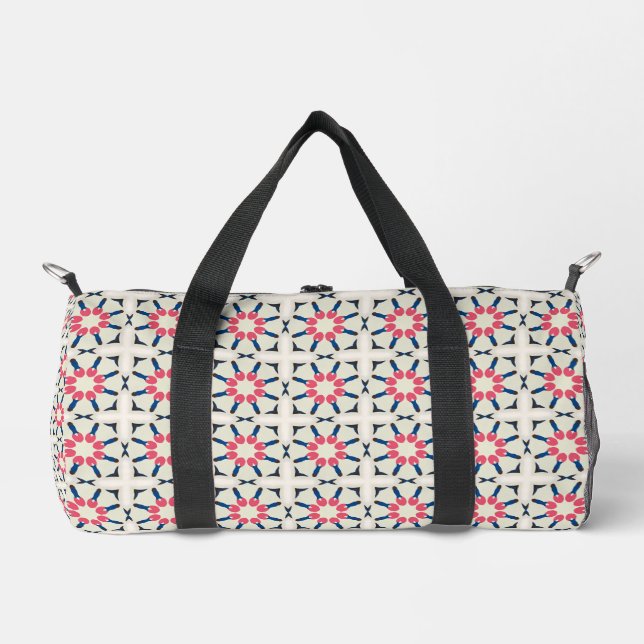 Pink Navy Floral Geometric Pattern Duffle Bag (Front)