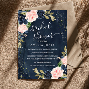 Pink Navy Floral Sparkle Bridal Shower Invitation