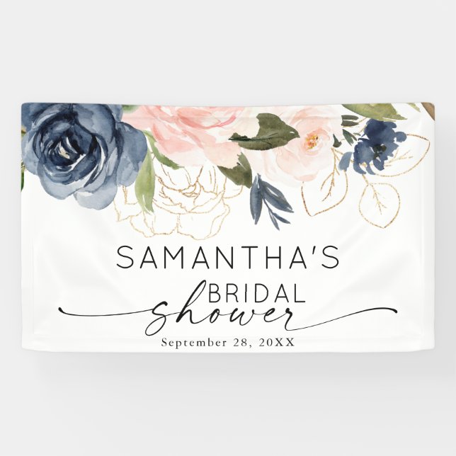 Pink Navy Floral Watercolor Bridal Shower Banner (Horizontal)
