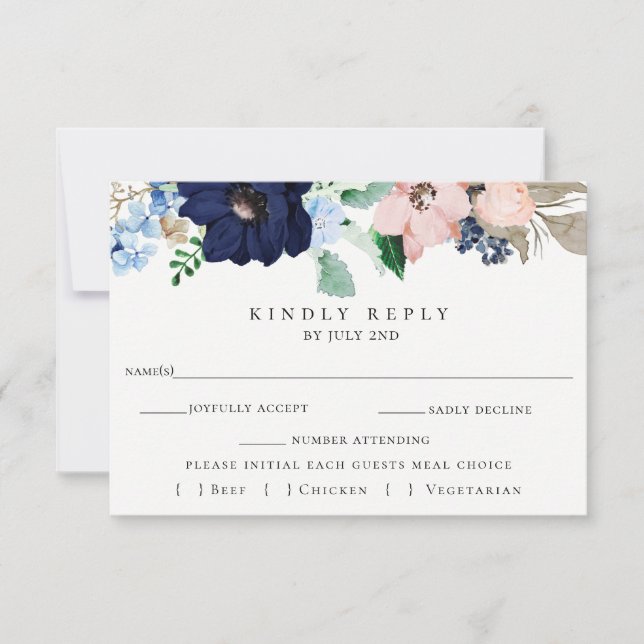 Pink + Navy Floral Wedding RSVP Meal Choice Card (Front)